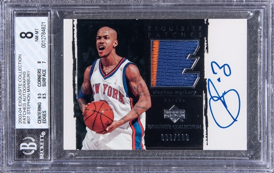 2003-04 UD "Exquisite Collection" Patches Autographs #SM Stephon Marbury Signed Game Used Patch Card (#036/100) - BGS NM-MT 8/BGS 10